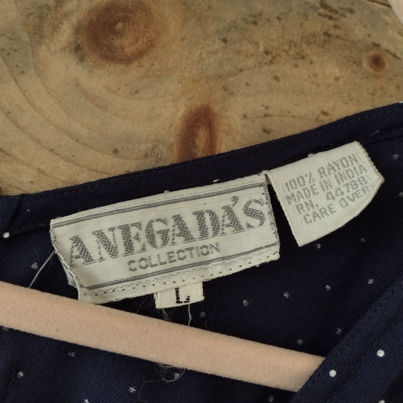 Vintage Anegada's Navy Polka Dot Drop Waist Sleeveless Midi Dress Size L - Picture 11 of 15